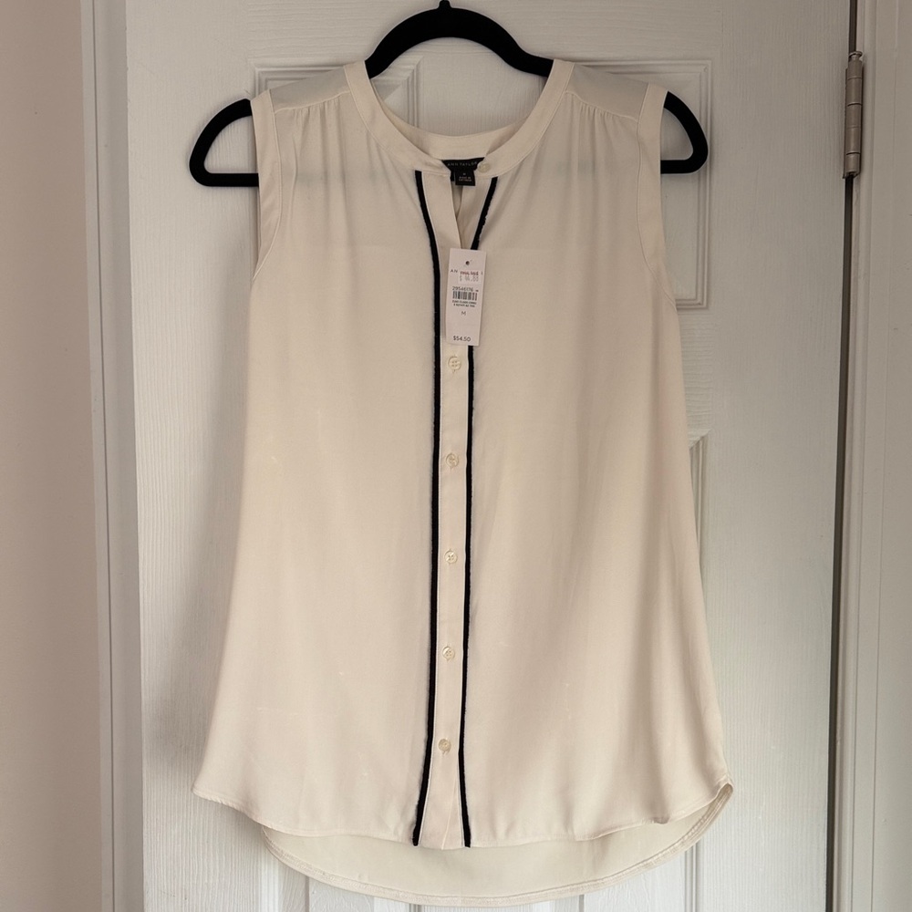 Ann Taylor Ivory Sleeveless Top with Black Accents